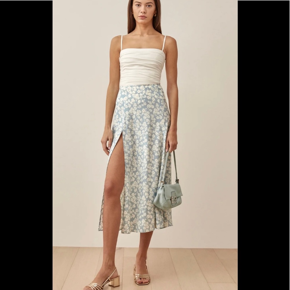 Reformation Light Blue Floral Slip Skirt